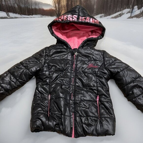 GUESS Puffer Winter Jacket Girls 2T Hooded Black w Pink Fleece Lining Zip Front - Picture 1 of 12